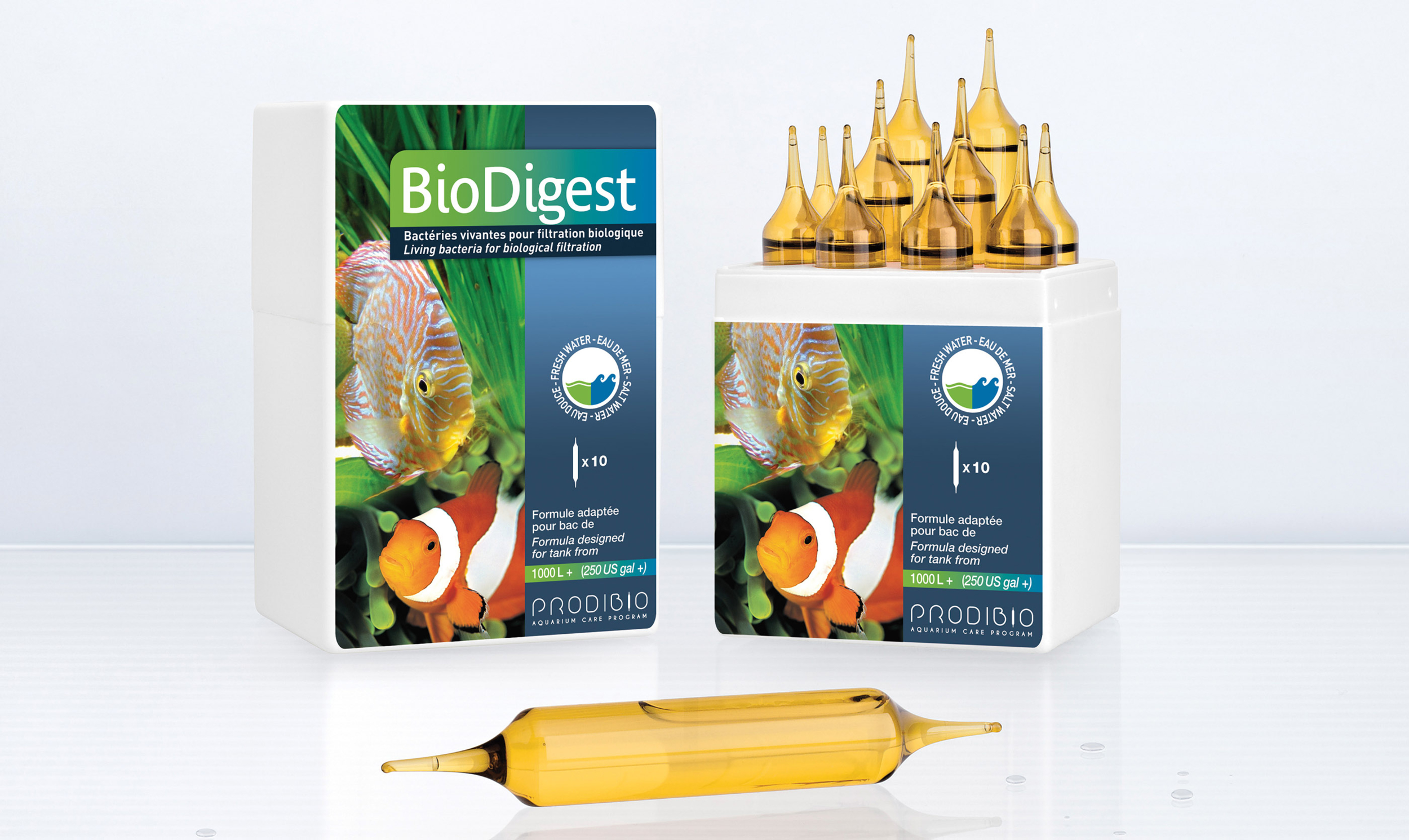 PRODIBIO BioDigest Pro 10 ampoules x 10ml bactéries dénitrifiantes en ampoules eau douce et eau de mer. Traite jusqu\'à 100 000 L