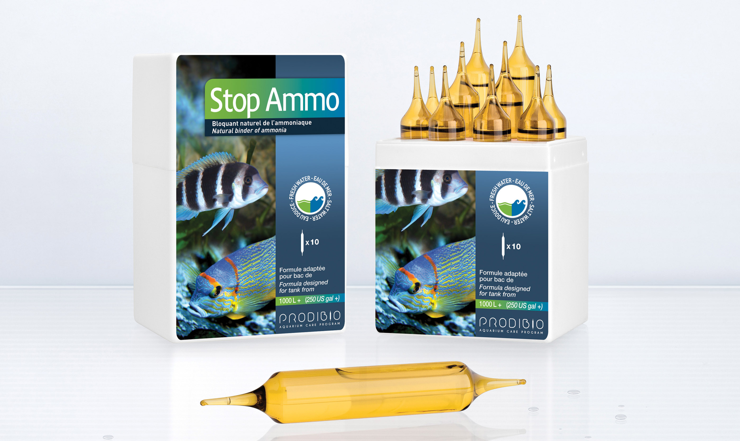 PRODIBIO Stop Ammo Pro 10 ampoules x 10ml élimine l\'ammoniaque dans l\'eau de mer. Traite jusqu\'à 20000 L