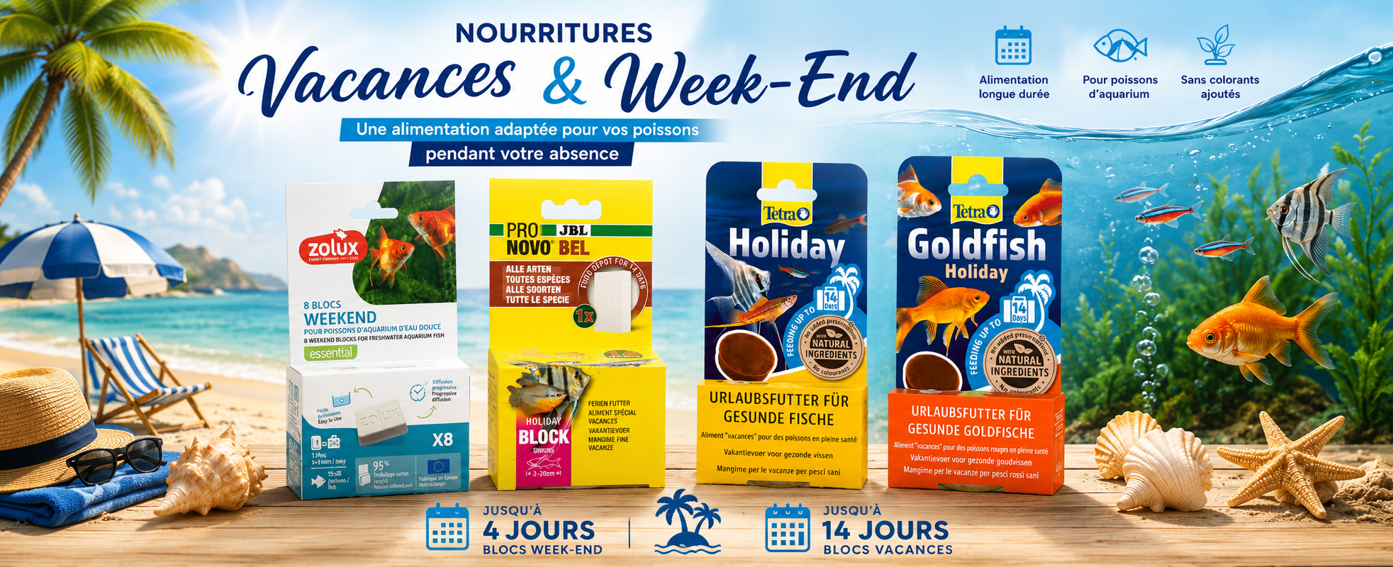 Découvrez notre gamme de nourritures spéciales vacances et week-end pour votre aquarium !