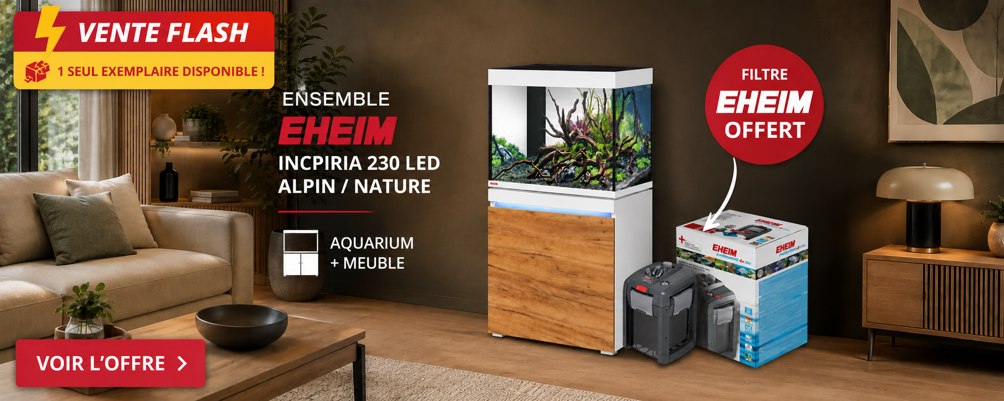 EHEIM Incpiria 230 LED Alpin / Nature + Filtre EHEIM 2271 OFFERT - Kit aquarium 70 cm 230 L avec meuble et éclairage LEDs