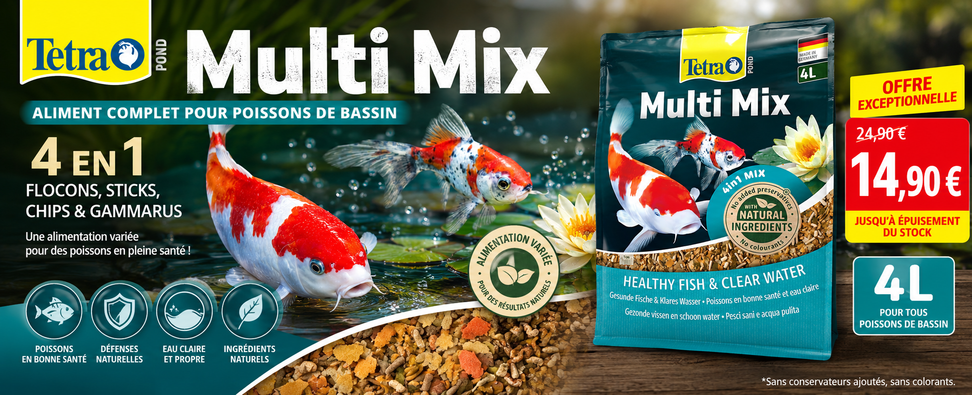 TETRA Pond MultiMix 4L aliment complet à base de flocons, sticks, chips et gammarus pour poissons de bassin  Tetra