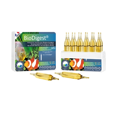 PRODIBIO BioDigest 12 ampoules bactéries dénitrifiantes pour eau douce et eau de mer. Traite jusqu'à 12000 litres