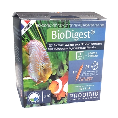 Avis PRODIBIO BioDigest 30 ampoules bactéries dénitrifiantes pour eau douce  et eau de mer. Traite jusqu'à 30000 litres - Traitements de l'eau de mer/ Bactéries -  - Aquariophilie