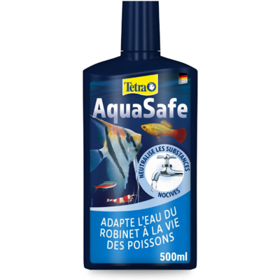 TETRA AquaSafe 500 ml conditionne l'eau du robinet en une eau adaptée aux besoins des poissons. Traite jusqu'à 1000 L