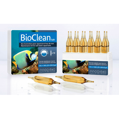 PRODIBIO BioClean Salt 12 ampoules nettoie l'aquarium et élimine naturellement les algues en eau de mer. Traite jusqu'à 2400 L