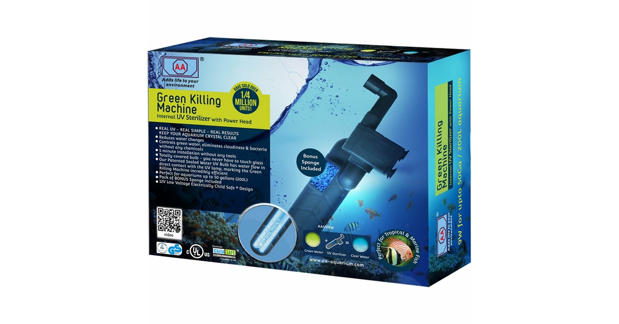 AA Green Killing Machine 9W stérilisateur UV-C interne pour aquarium d'eau  douce et d'eau de mer jusqu'à 200 L - Stérilisation UV/Stérilisateurs AA -   - Aquariophilie