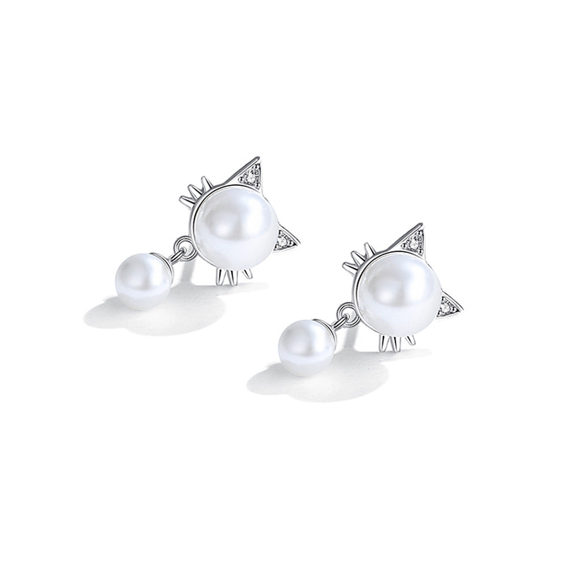 Ensemble De Bijoux En Argent 925 & Perles - Collier Et Boucles D'Oreilles Chat Mignon - Cadeau Femme