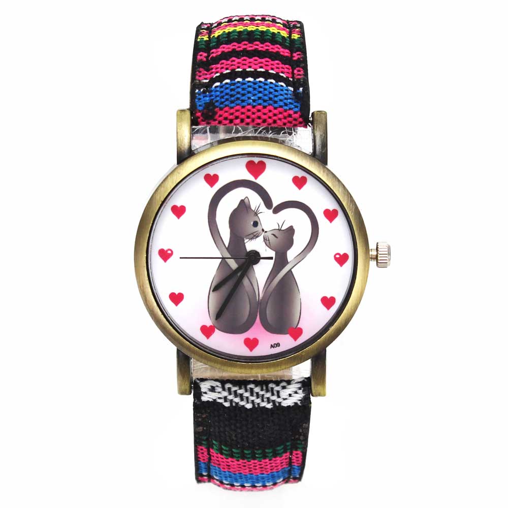 Montres-en-Denim-rayures-pour-hommes-et-femmes-motif-deux-chats-c-ur-la-mode-bracelet