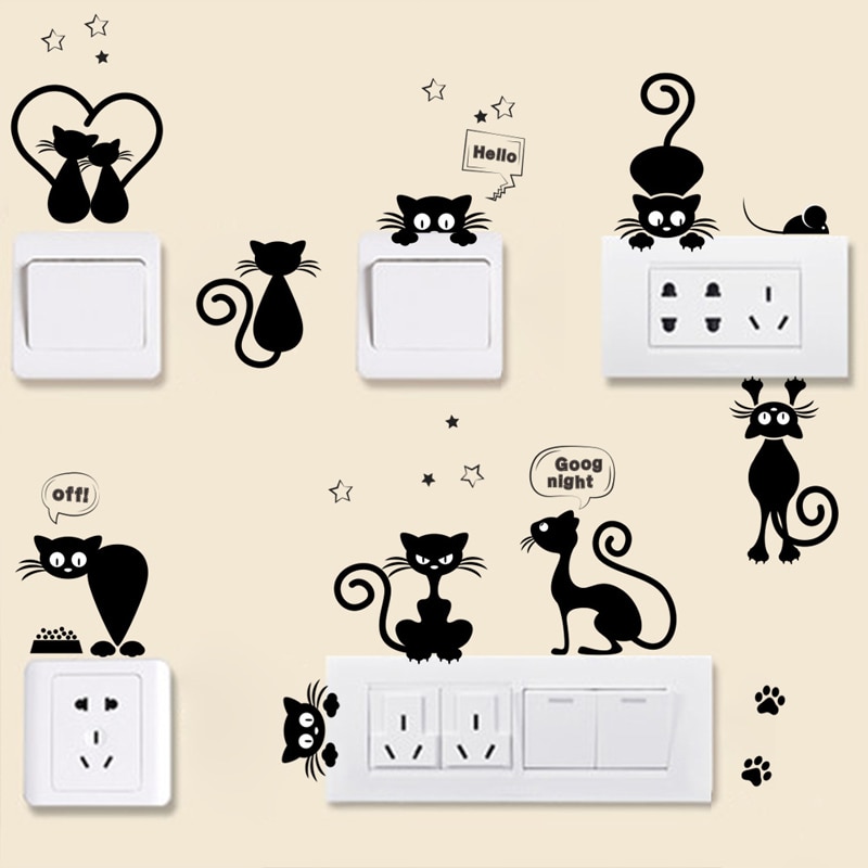 Autocollant-de-commutation-kitty-noir-Autocollant-de-d-coration-de-maison-de-fond-de-salon-stickers