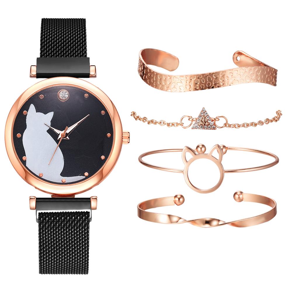 5-pi-ces-ensemble-femmes-montres-or-Rose-Bracelet-ensemble-motif-chat-noir-aimant-montre-dames