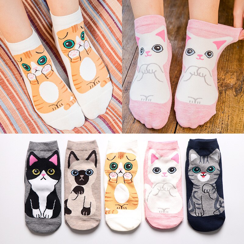 LIONZONE-5-paires-2019-nouvellement-femmes-mode-cheville-chaussettes-Kawaii-dessin-anim-chat-coton-chaussettes-pour