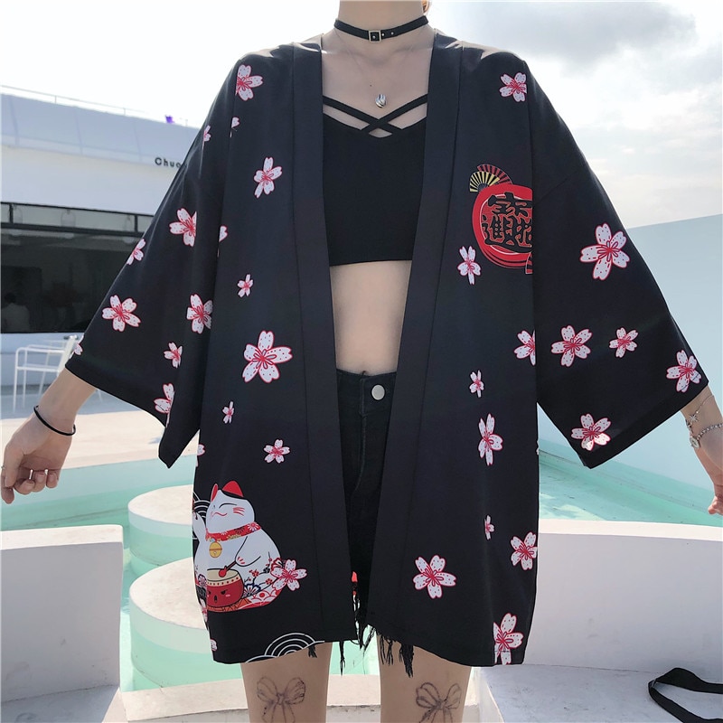 Nouveau-2020-blanc-noir-chat-chanceux-l-che-t-plage-Cardigan-femmes-Harajuku-japonais-Kimono-Style