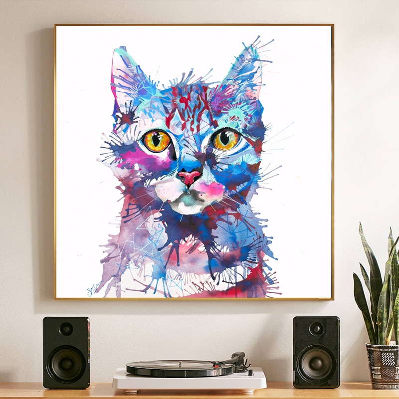 Toile-d-aquarelle-de-chats-Tableau-Art-mural-pour-salon-chambre-coucher-affiches-et-imprim-s