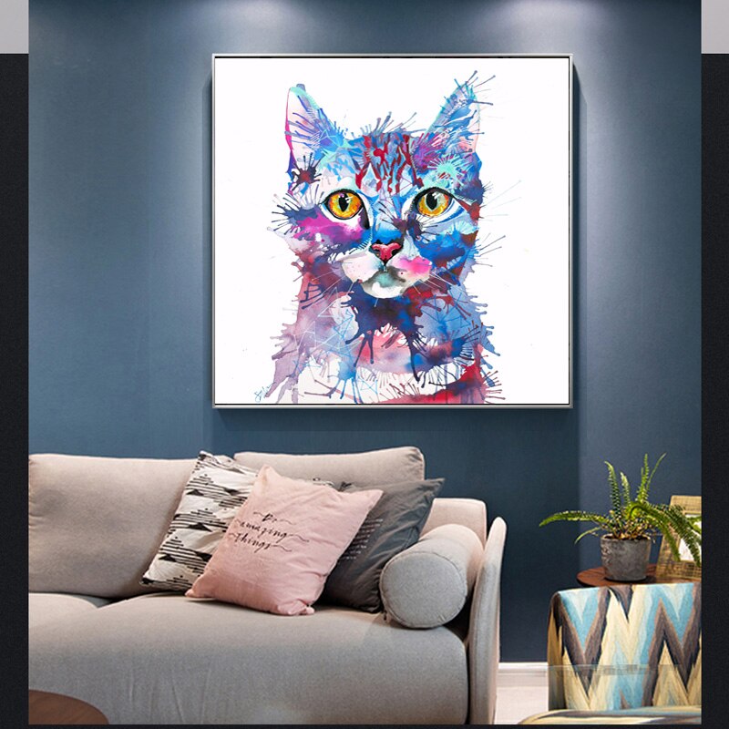 Toile-d-aquarelle-de-chats-Tableau-Art-mural-pour-salon-chambre-coucher-affiches-et-imprim-s