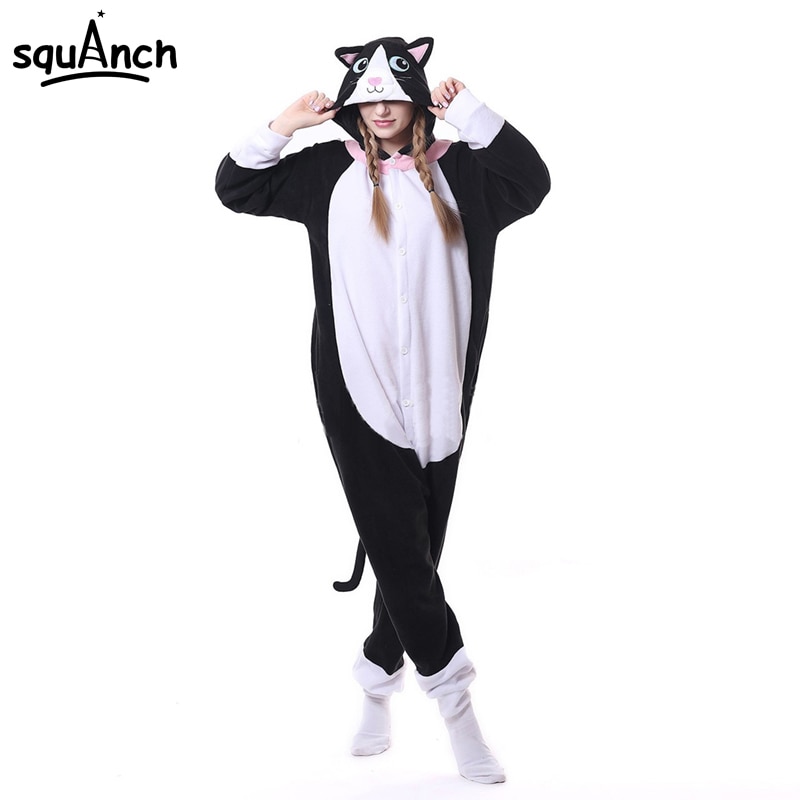 Animal-chat-noir-Kigurumis-Onesie-hommes-femmes-DJ-Kitty-correspondant-pyjama-ensemble-pyjama-adulte-dessin-anim