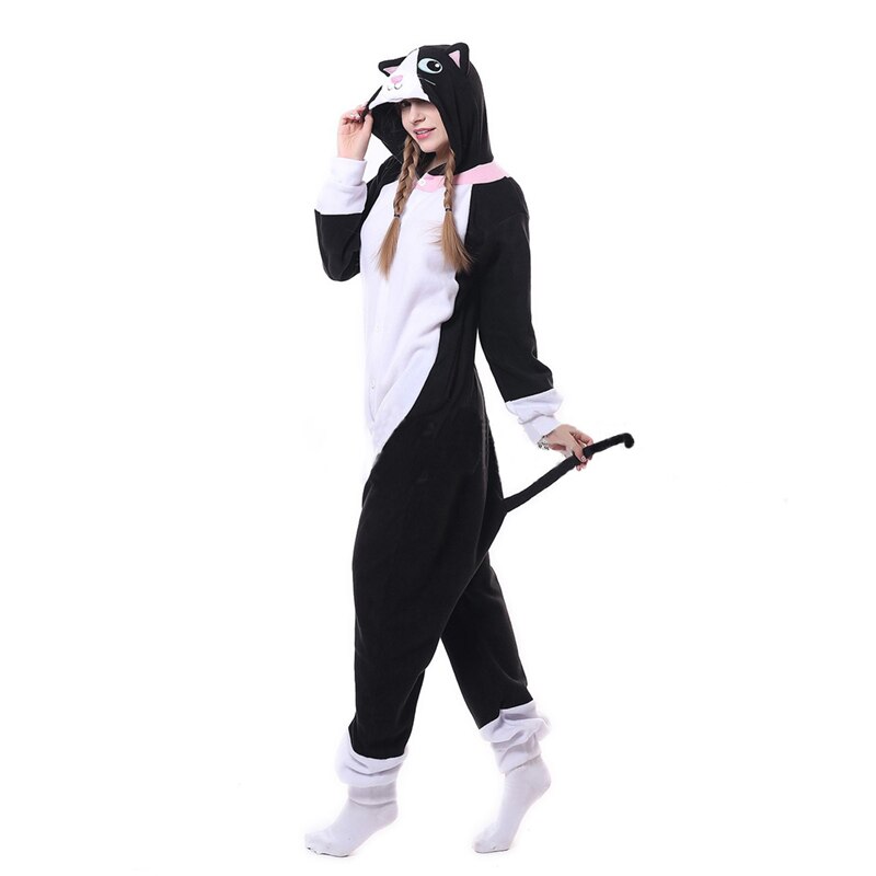 Animal-chat-noir-Kigurumis-Onesie-hommes-femmes-DJ-Kitty-correspondant-pyjama-ensemble-pyjama-adulte-dessin-anim