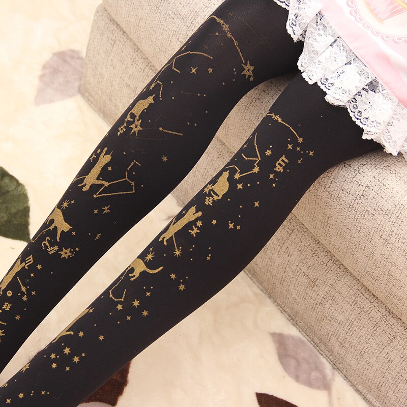 Nuit-toil-e-jouant-au-chat-collants-Lolita-imprim-s-doux-collants-motifs-estampill-s-or