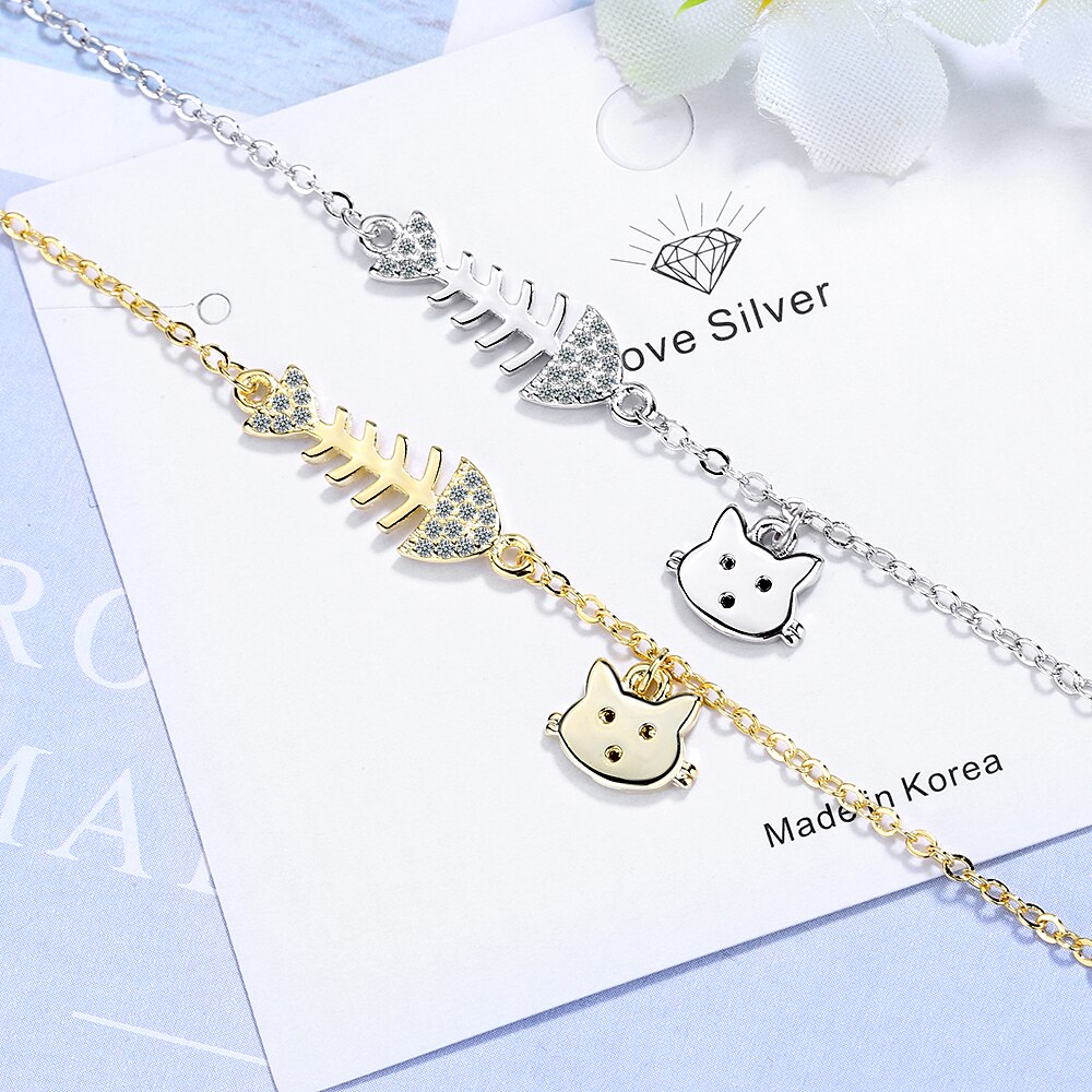 ANENJERY-mode-mignon-chat-ar-te-de-poisson-lien-cha-ne-Bracelet-couleur-argent-Animal-cubique