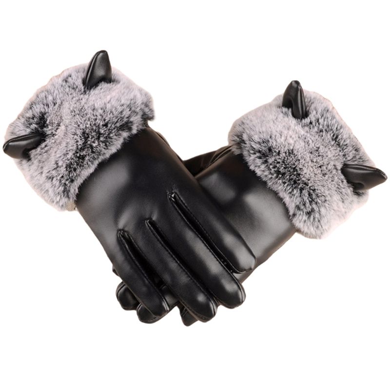 Femmes-hiver-chaud-cran-tactile-gants-Faux-cuir-paissir-peluche-doublure-garniture-mignon-chat-oreilles-coupe
