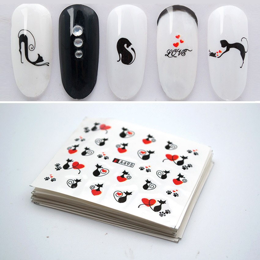 Autocollants-pour-ongles-eau-autocollants-motifs-de-chat-noir-tiquette-au-dessin-anim-eau-outils-de