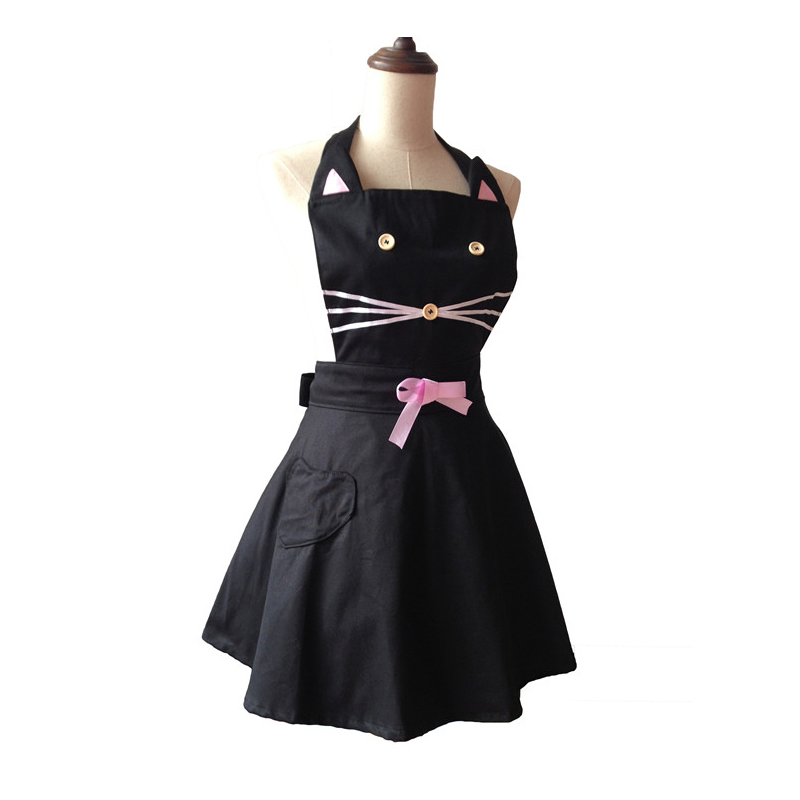 Tablier-de-cuisine-en-coton-noir-pour-femme-chat-de-dessin-anim-mignon-pour-serveuse-de