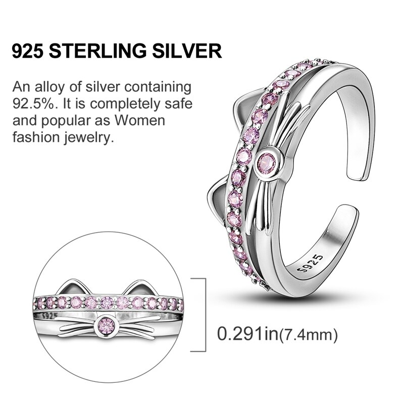 Bague-ouverte-ajustable-en-argent-925-Zircon-pav-de-chat-rose-mignon-vente-en-gros-bijoux