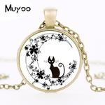 Collier-chat-noir-en-fleur-lune-pendentif-croissant-de-lune-Animal-mignon-bijoux-en-verre-Cabochon