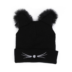 Bonnet Tricoté Motif Chat 'Miaou' - Chaud Et Doux Pour L'hiver - Revers Réglable - Taille Unique (tour De Tête 30-40 Cm) - Homme Femme