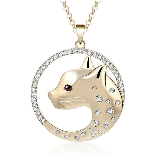 Collier Pendentif Tête De Chat Doré Avec Strass - Avec Boîte Cadeau - Neuf Avec étiquettes