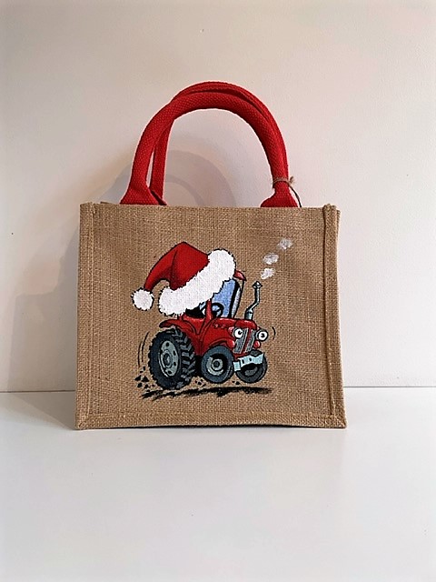 Petit sac en jute mon tracteur de Noël