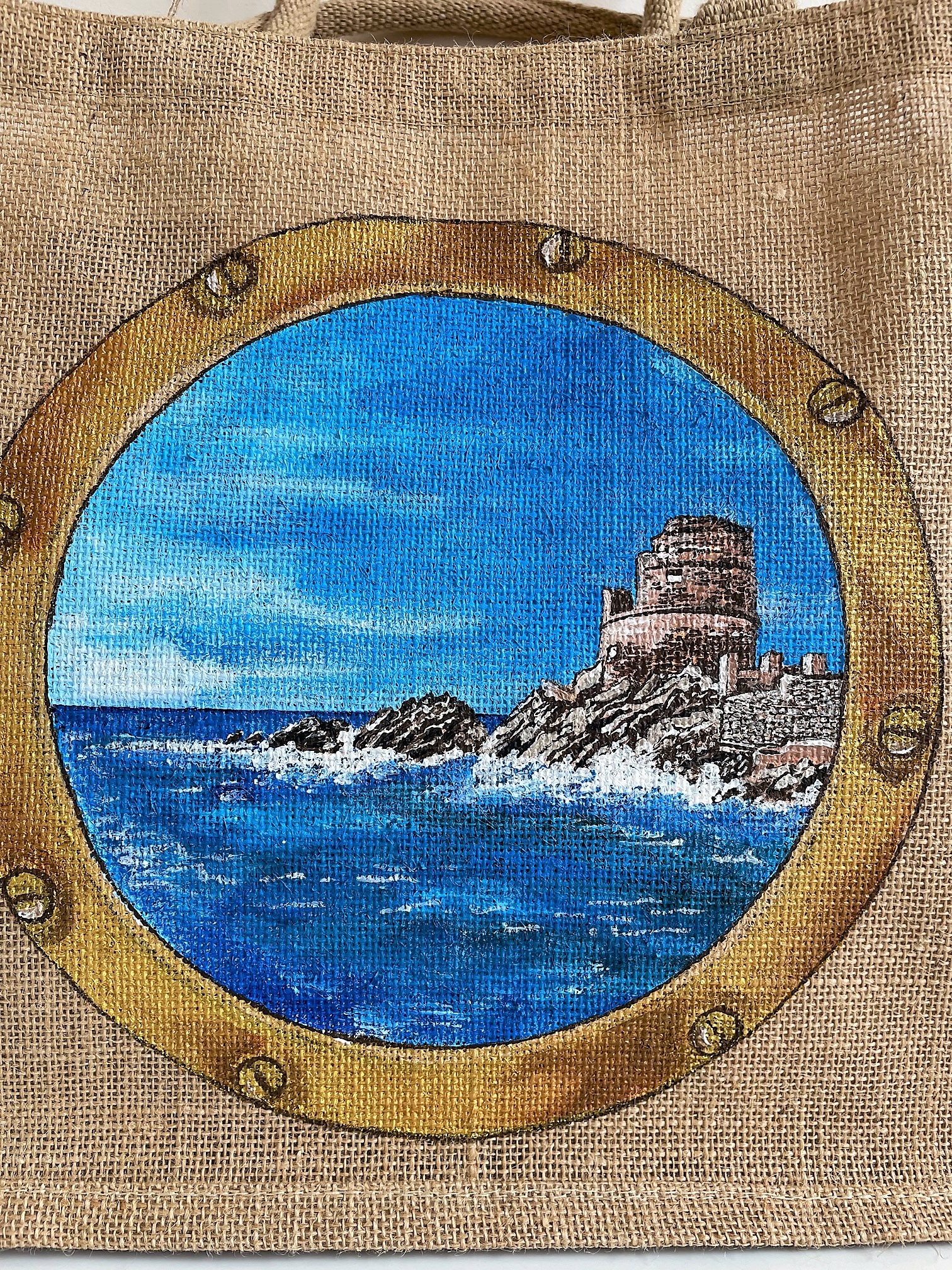 sac en jute wesfordmill avec la tour corse dErbalunga  peint à la main par Elles et No.