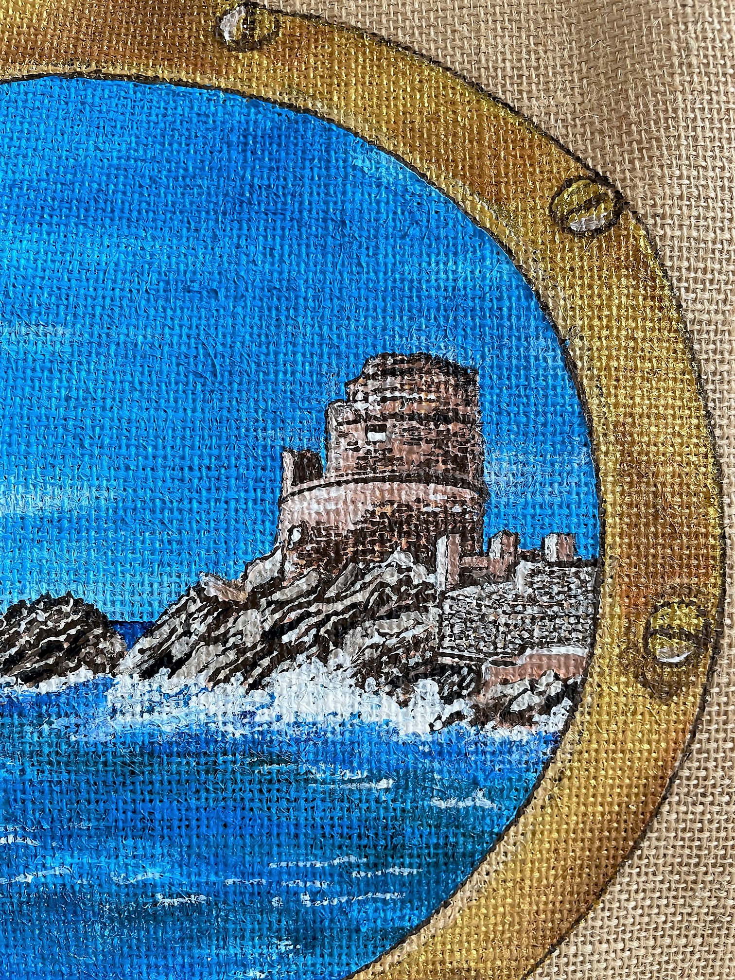 sac en jute wesfordmill avec la tour corse dErbalunga  peint à la main par Elles et No.