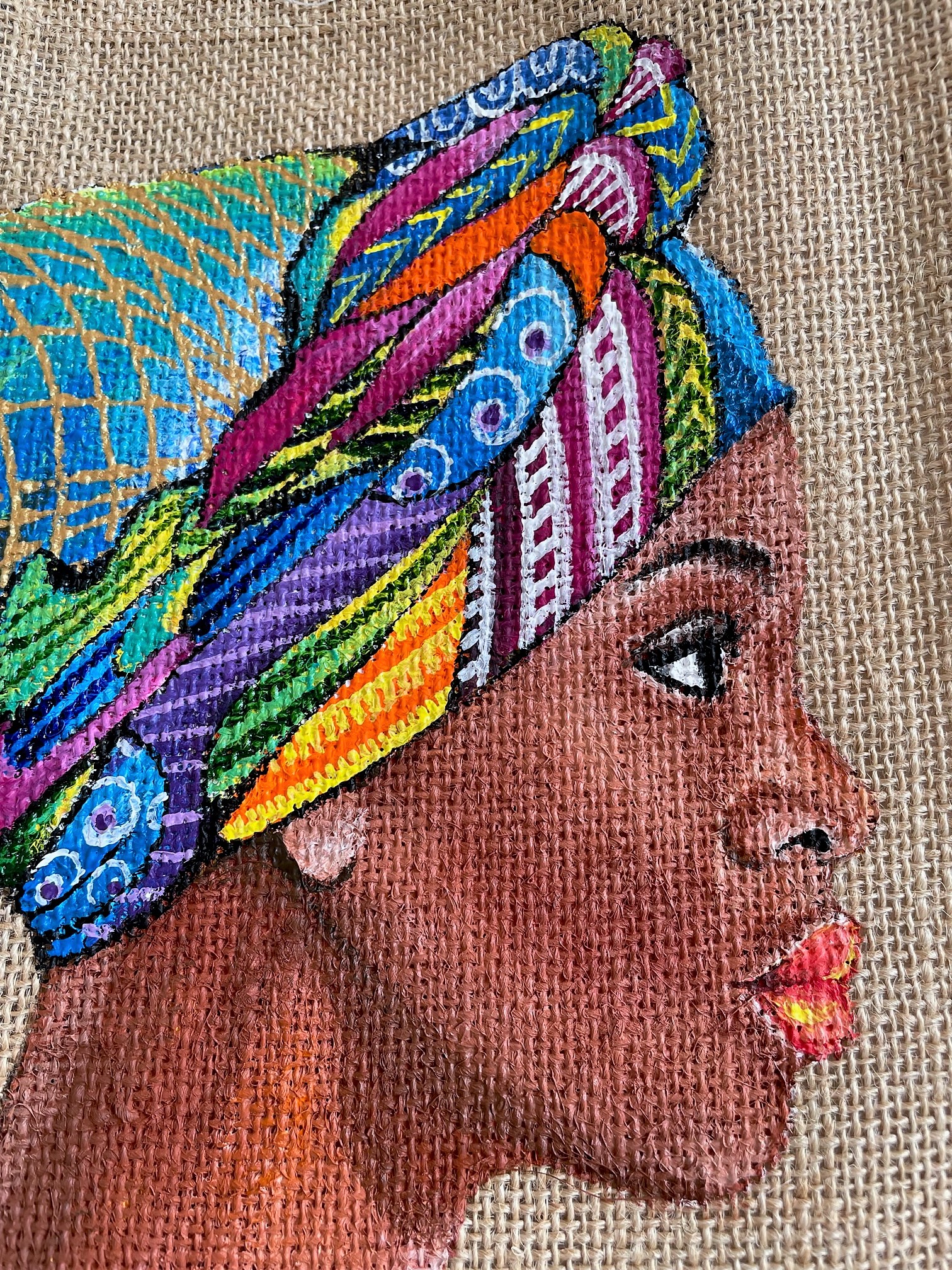 sac en jute wesfordmill avec un portrait de femme africaine et son turban peint à la main par Elles et No.