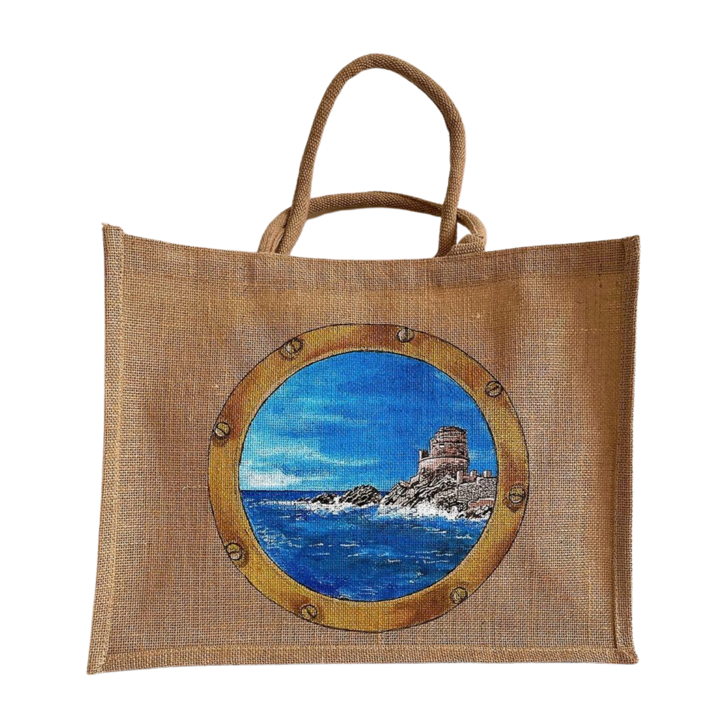 sac XJ jute avec la tour dErbalunga peinte à la main par Elles et No.