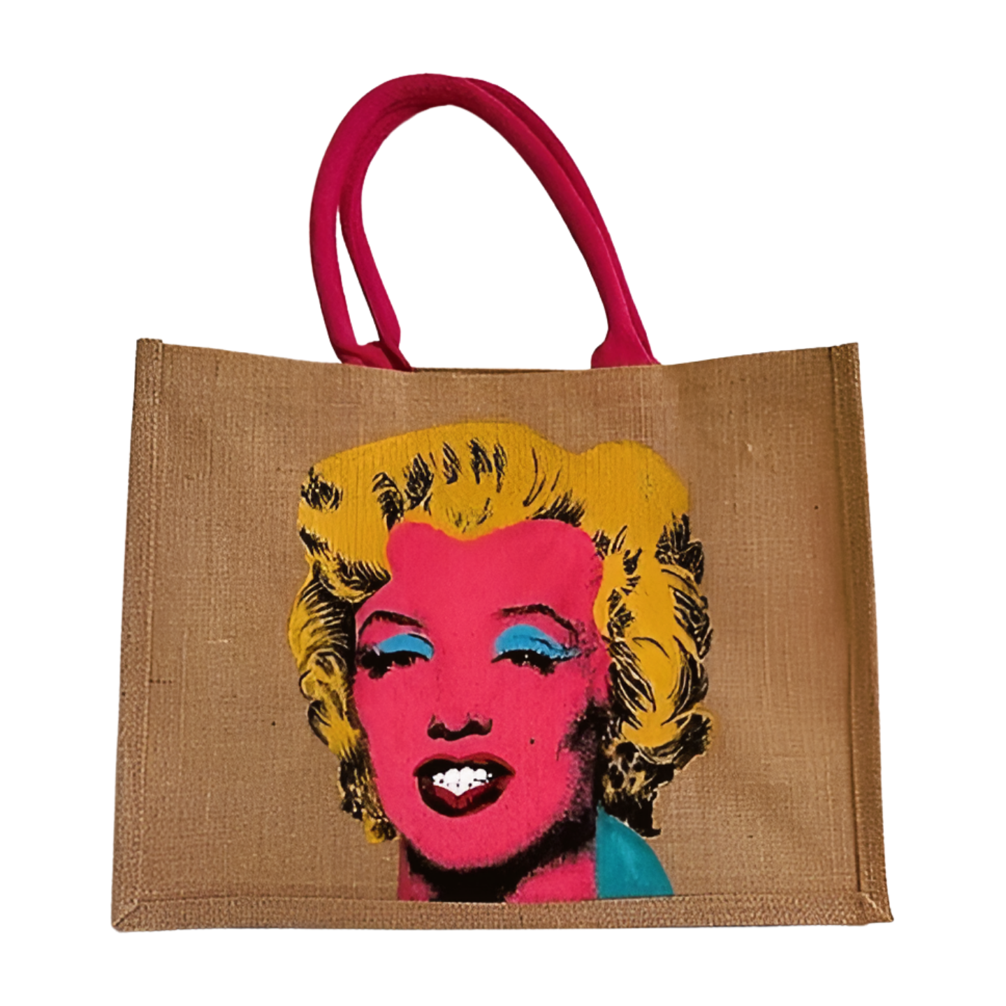 Grand sac en jute avec le portrait de Marilyn Monroe selon warhol peint à la main par Elles et No.