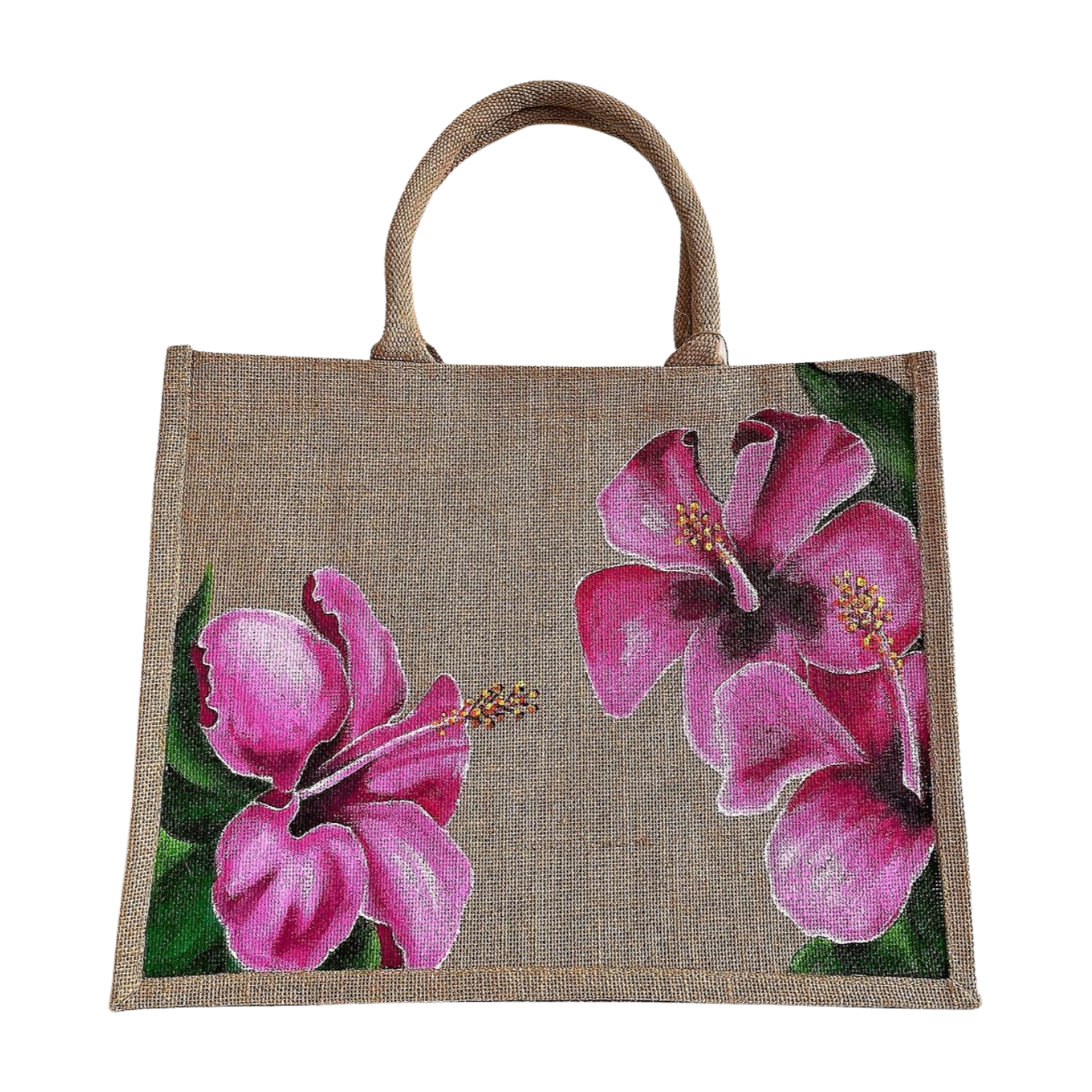 Sac de plage en jute avec des hibiscus rose peints à la main par Elles et No.
