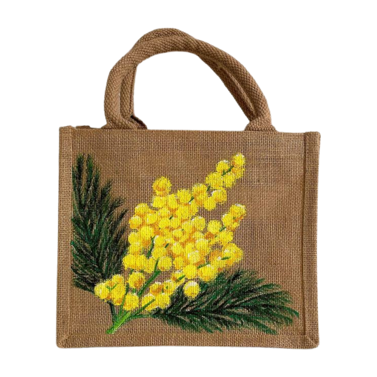 sac jute avec une branche de mimosa peinte à la main par Elles et No.