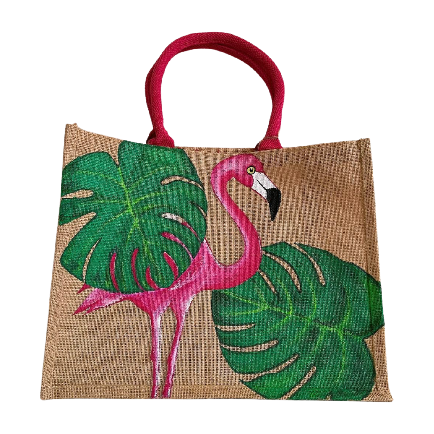 Sac de plage en jute avec flamant rose et grandes feuilles peints à la main par Elles et No.