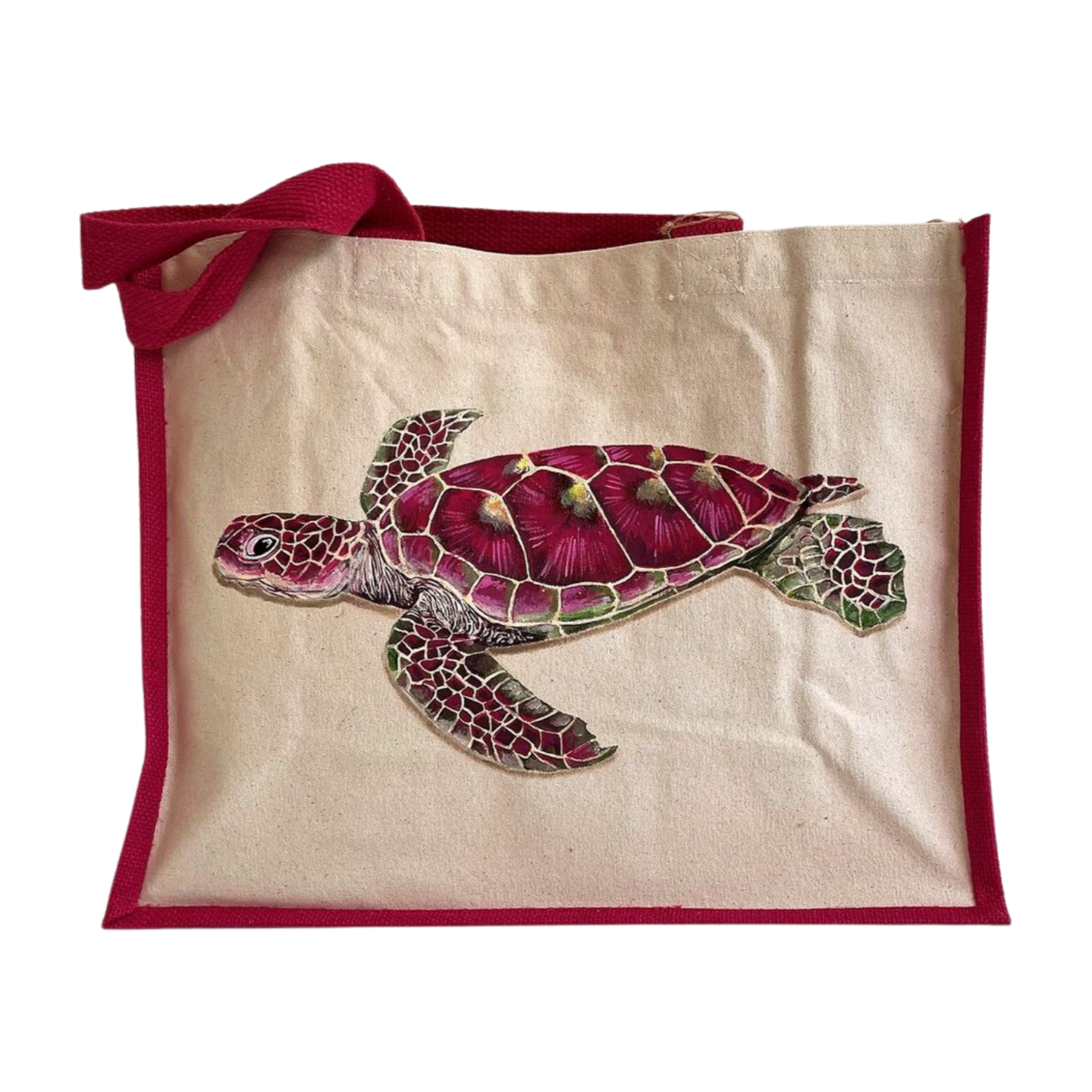 sac de plage jute et coton rose avec une tortue marine peinte à la main par Elles et No.