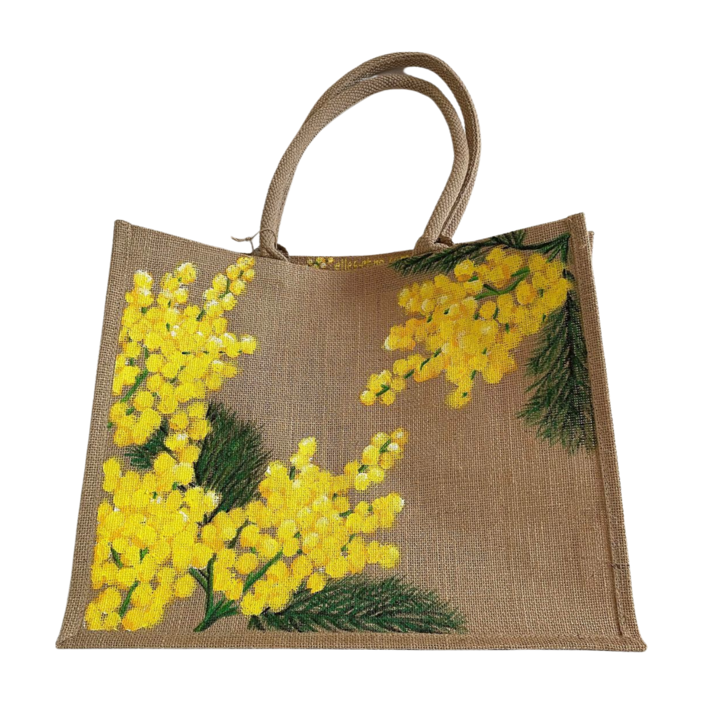 Sac de plage en jute avec des branches de mimosa peintes à la main par Elles et No.