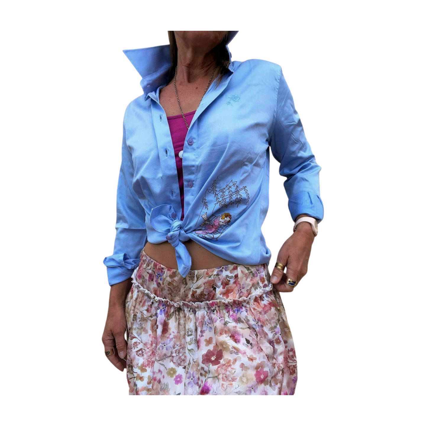 chemise femme manches longues coton bleu avec un portrait de femme brodé. Elles et No.