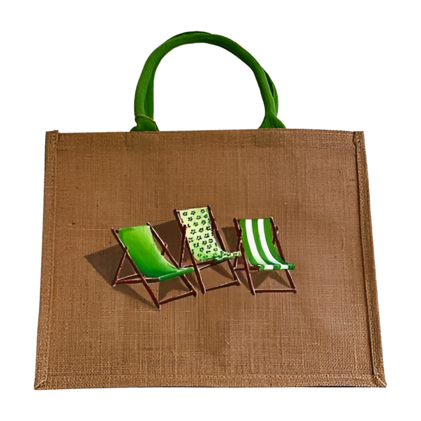 Sac de plage en jute avec des transats verts peints à la main par Elles et No.