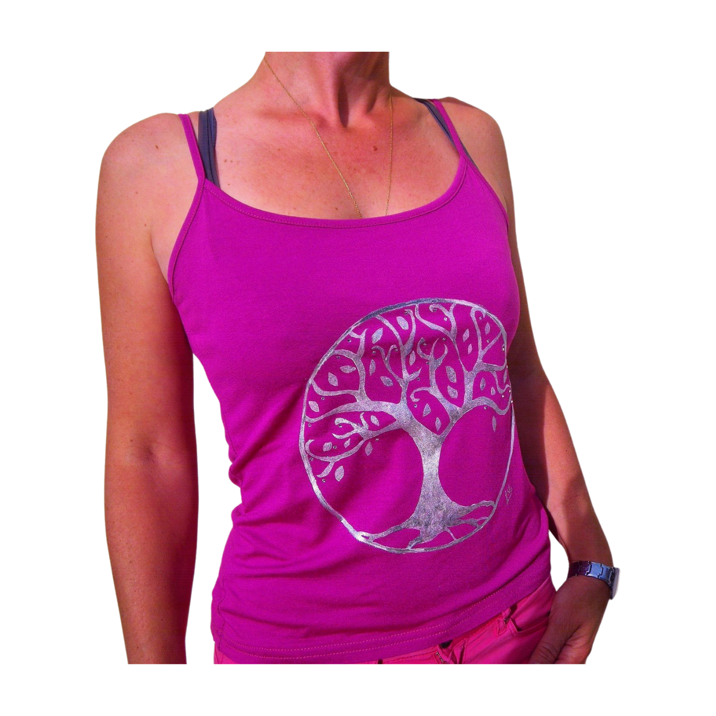 débardeur rose pour femme avec arbre de vie argenté peint à la main par Elles et no.