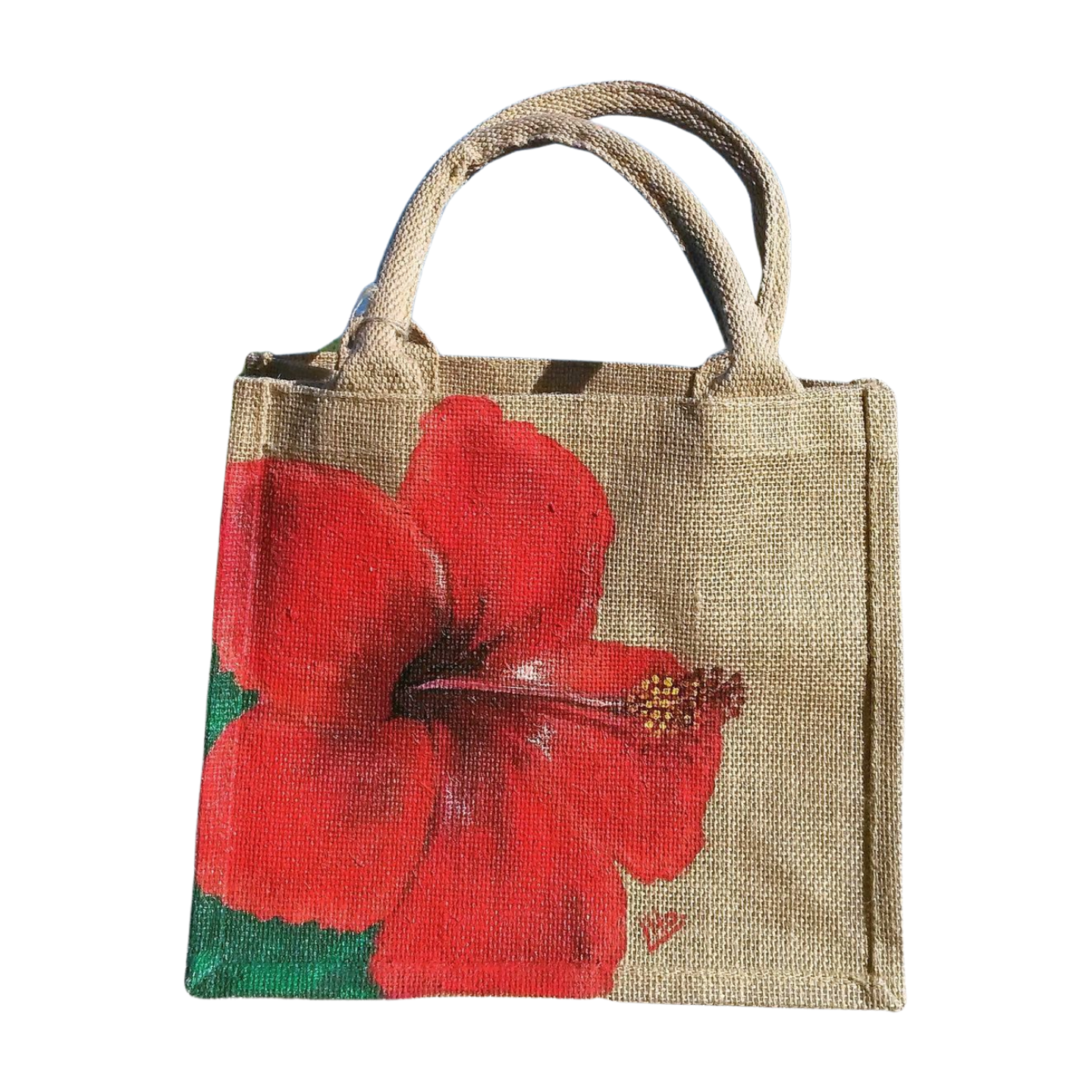 Petit sac en jute avec hibiscus rouge peint à la main