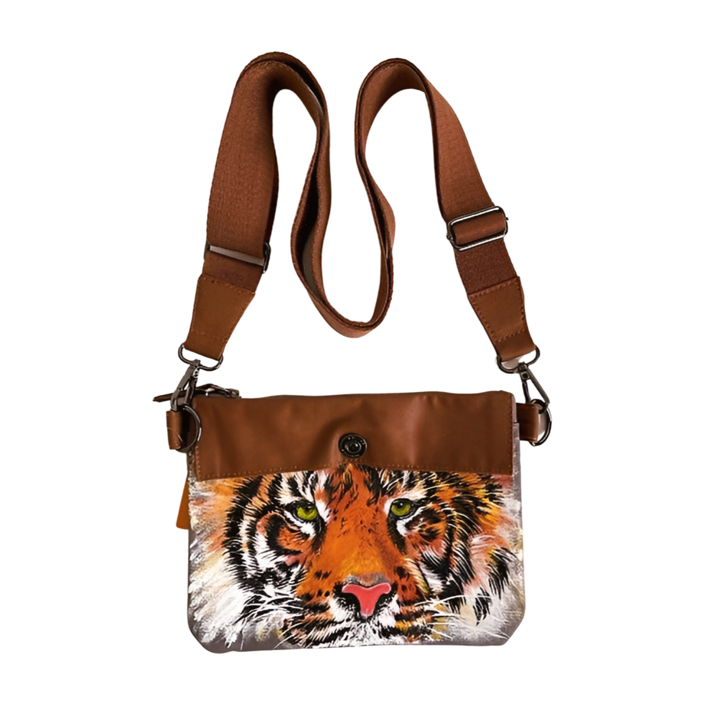 Sac à main marron avec tête de tigre peinte main par Elles et No.
