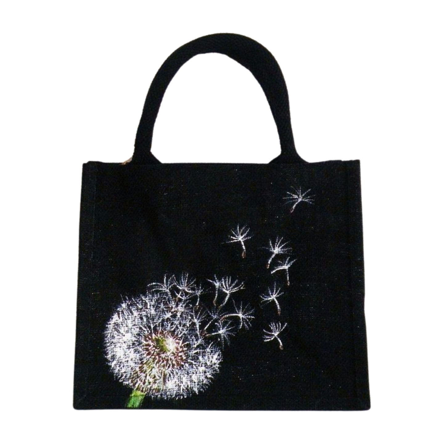 Petit sac en jute noir avec fleur de pissenlit peinte main par Elles et No.