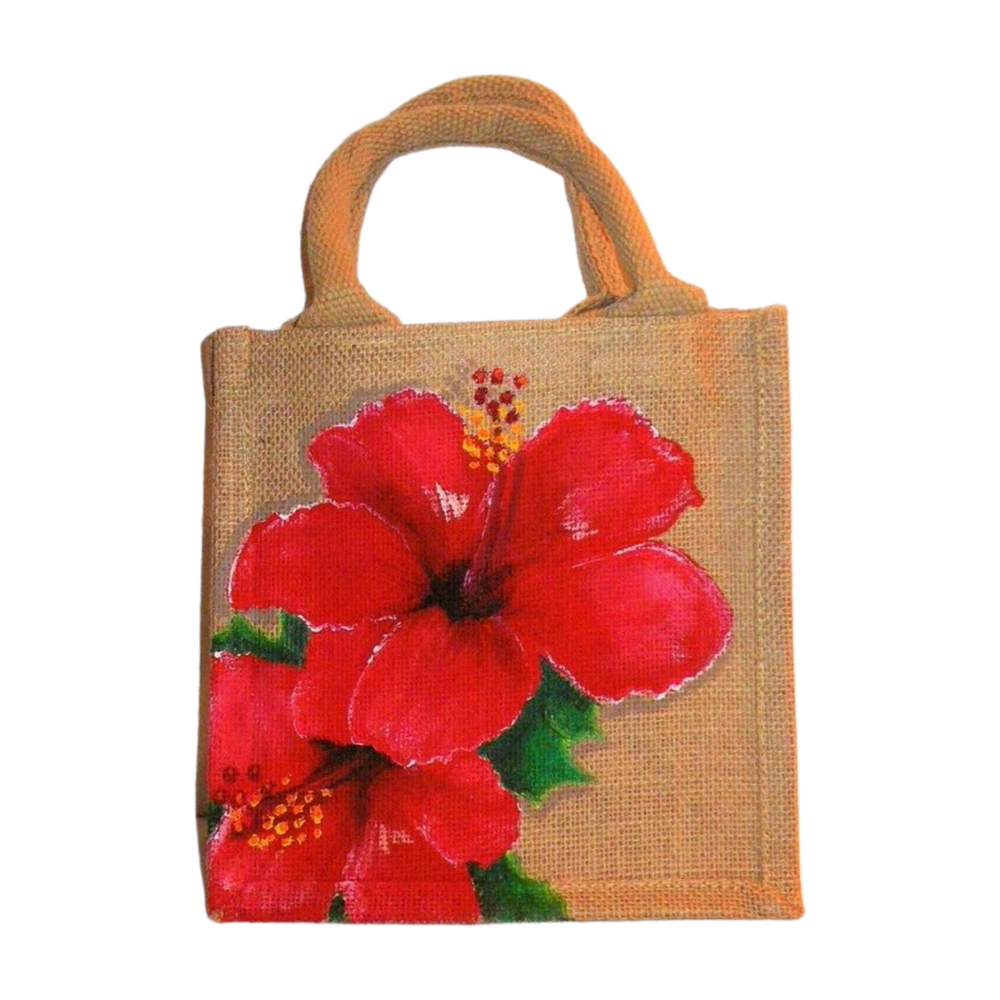 Petit sac en jute avec hibiscus peint à la main
