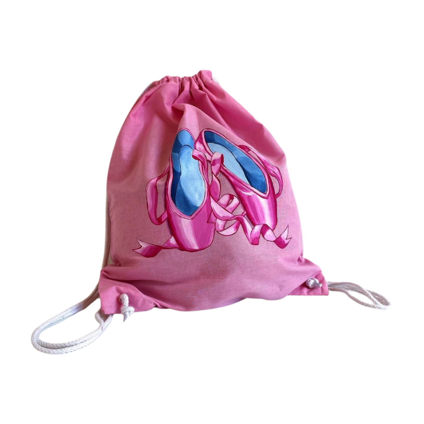 Sac à dos à cordons rose avec chaussons de danse peints à la main par Elles et No.