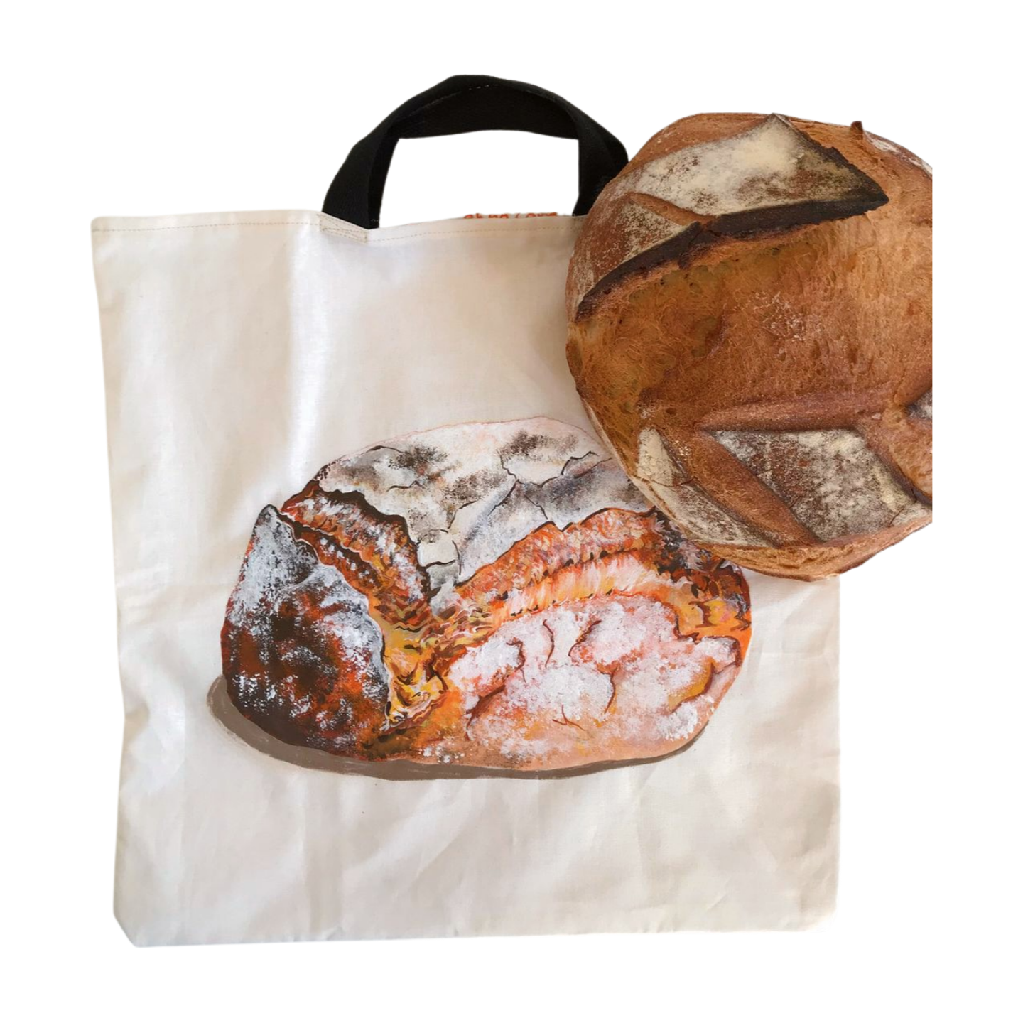 Sac à pain en coton avec une belle miche réaliste peinte à la main par Elles et No.