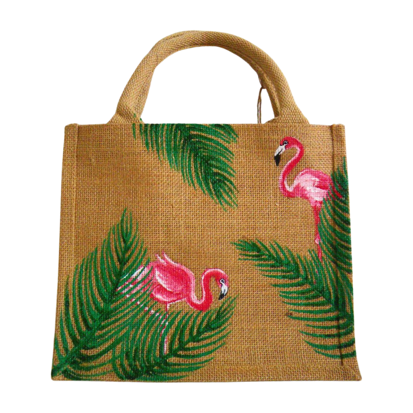 Petit sac en jute avec flamants roses et palmes peints à la main par Elles et No.